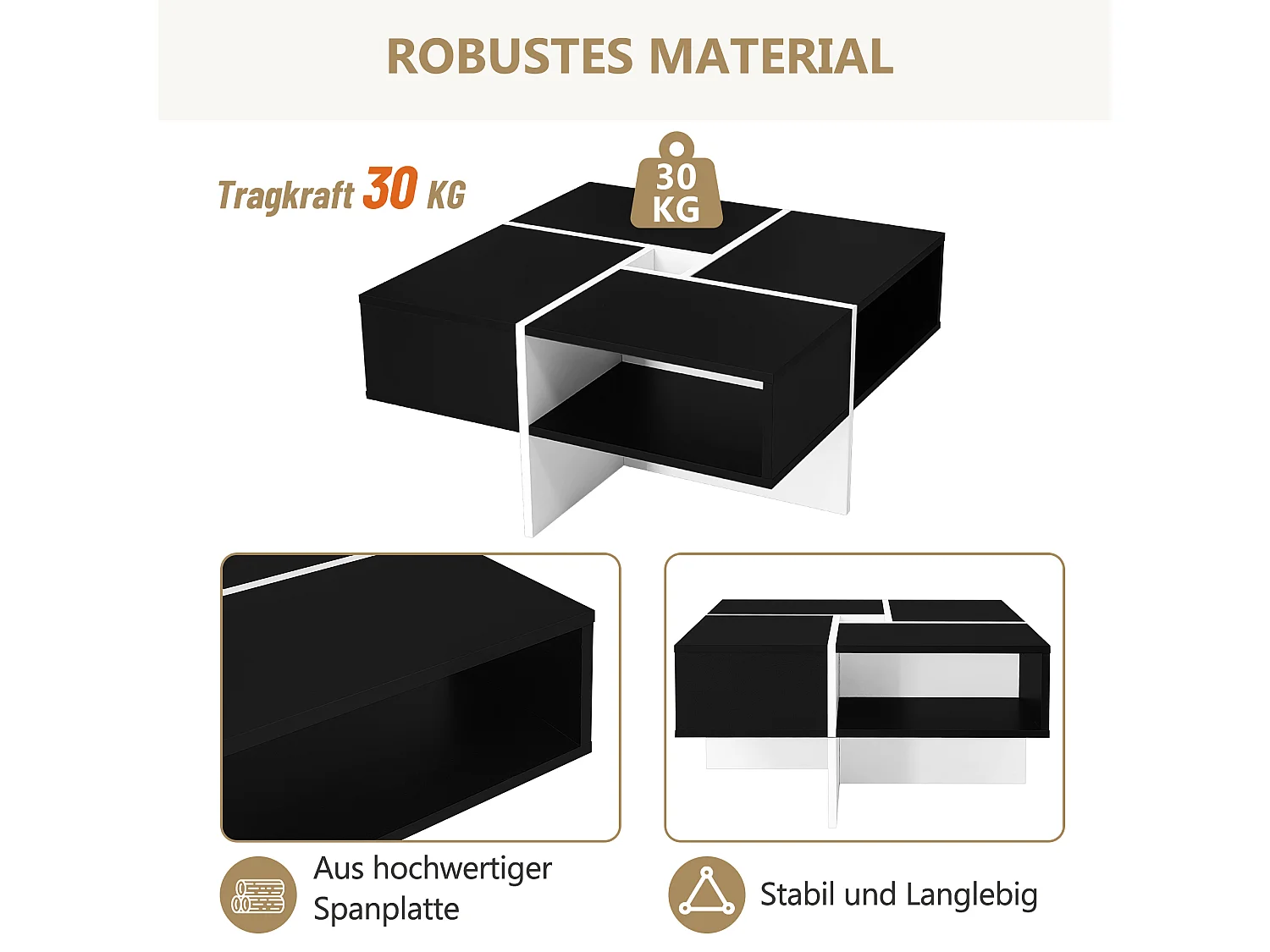 Tavolino quadrato con 5 scomparti - 70 x 70 x 35 cm - truciolare - nero