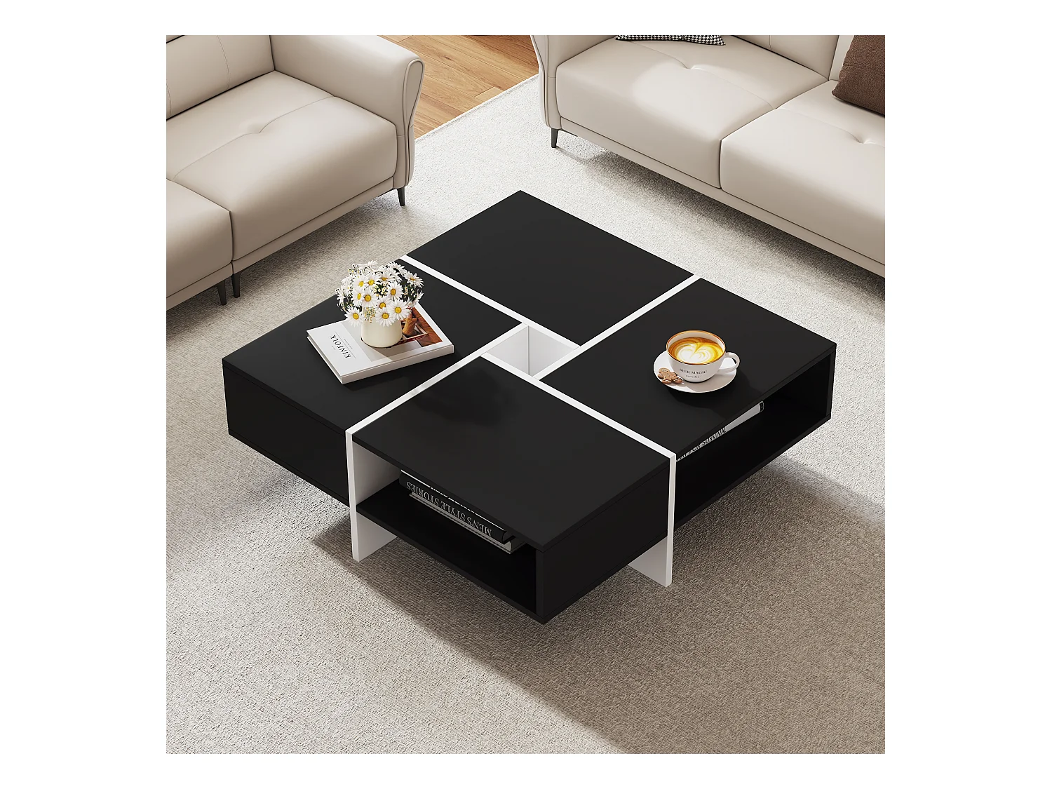 Table basse carrée avec 5 compartiments  - 70 x 70 x 35 cm - panneaux de particules - noir