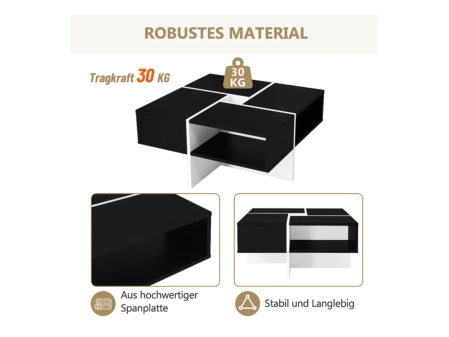 Table basse carrée avec 5 compartiments  - 70 x 70 x 35 cm - panneaux de particules - noir