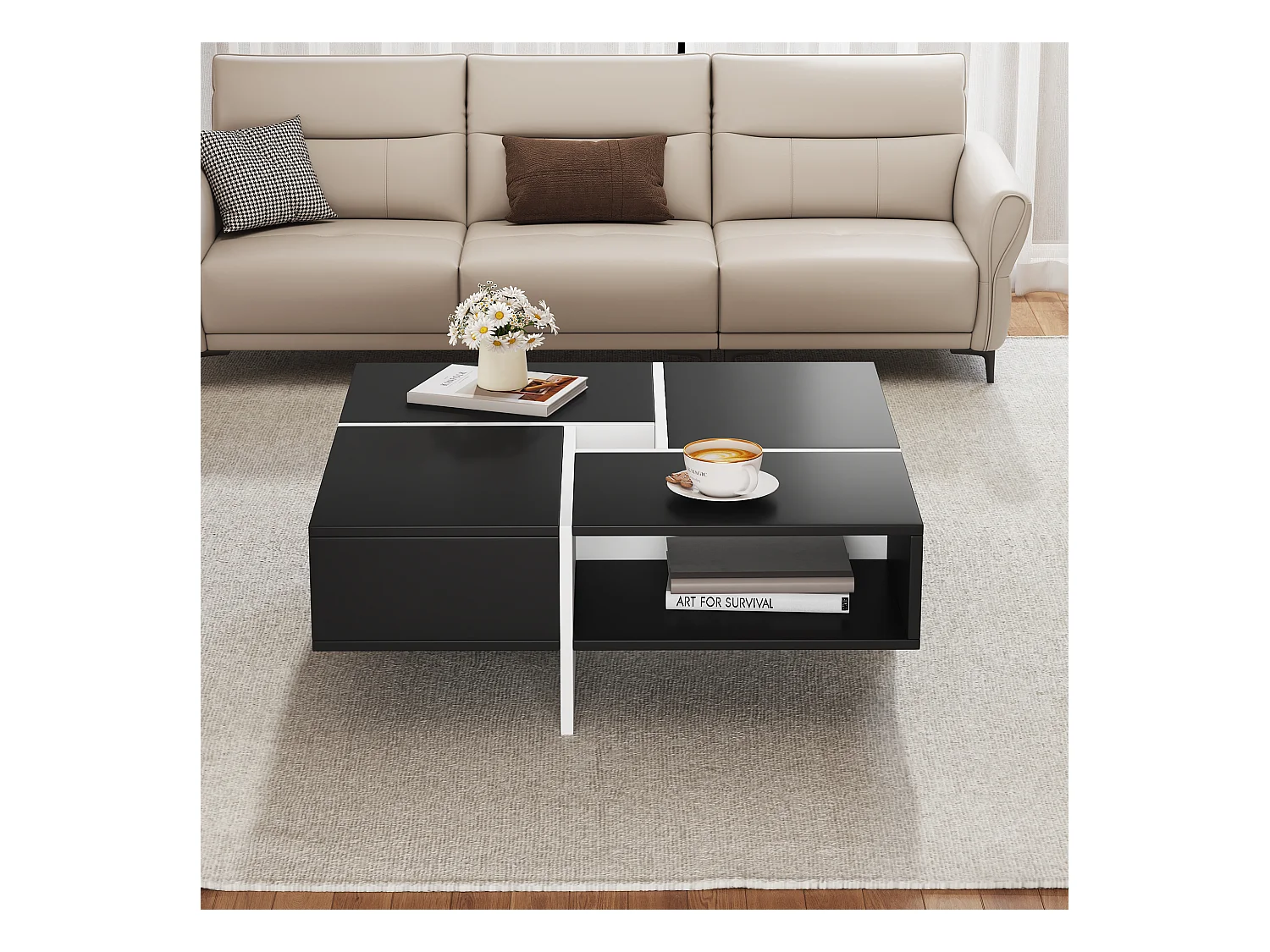 Table basse carrée avec 5 compartiments  - 70 x 70 x 35 cm - panneaux de particules - noir