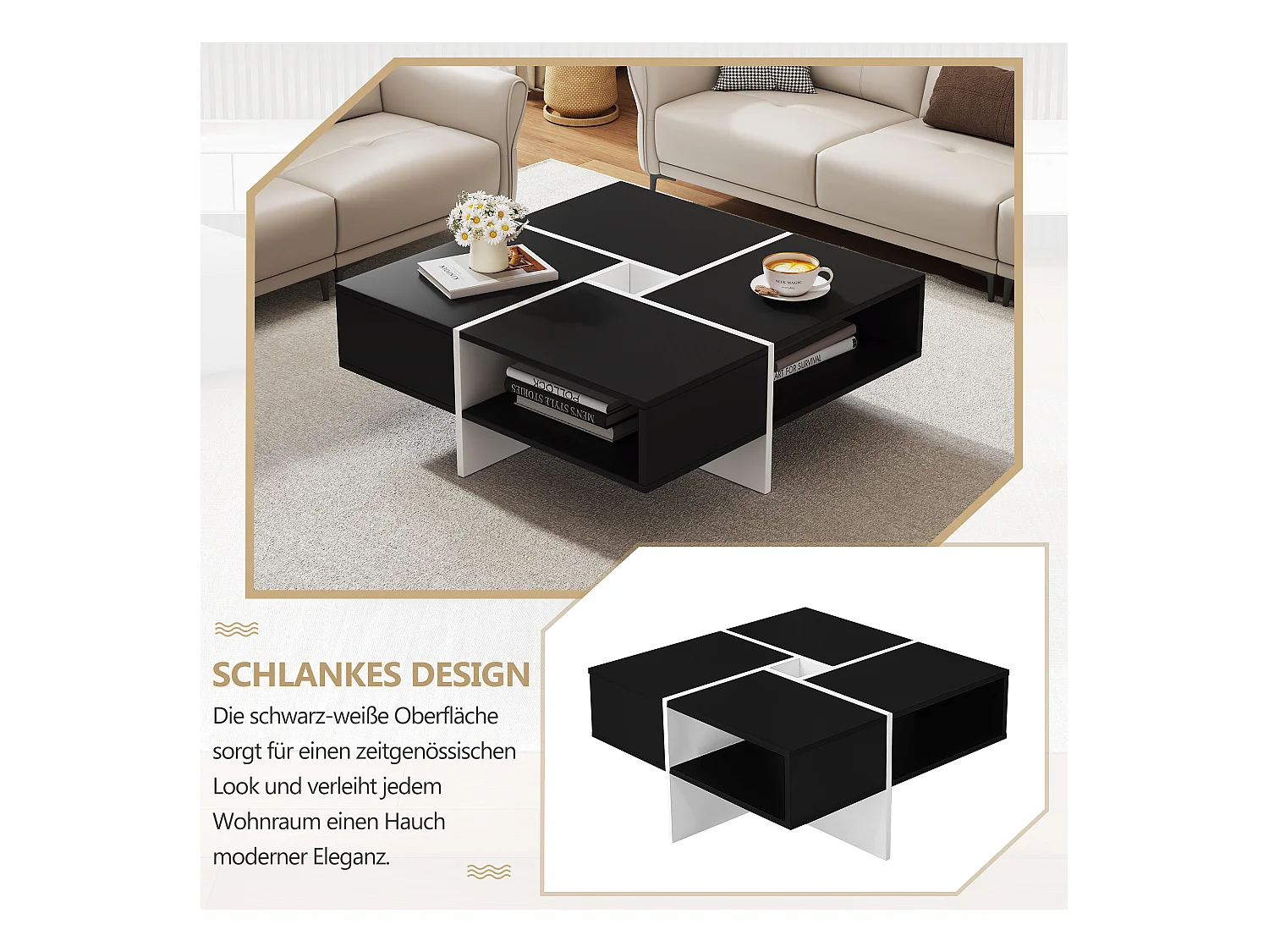 Table basse carrée avec 5 compartiments  - 70 x 70 x 35 cm - panneaux de particules - noir