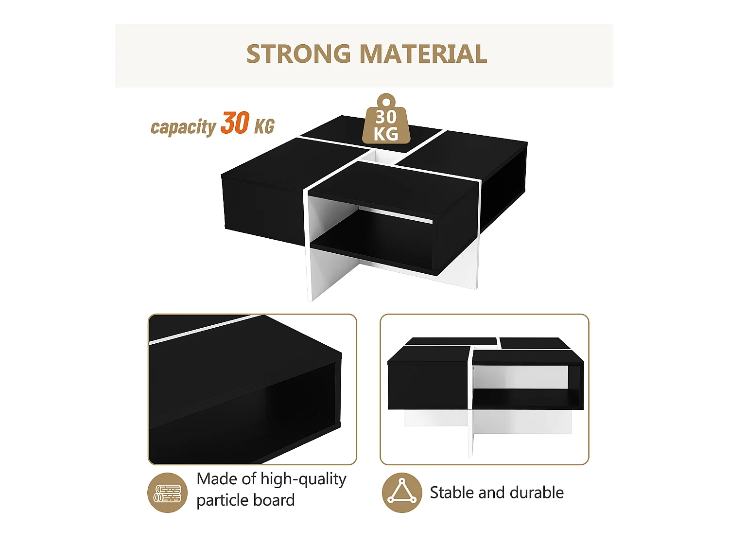 Table basse carrée avec 5 compartiments  - 70 x 70 x 35 cm - panneaux de particules - noir