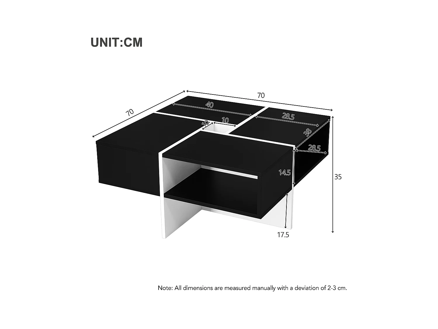 Table basse carrée avec 5 compartiments  - 70 x 70 x 35 cm - panneaux de particules - noir
