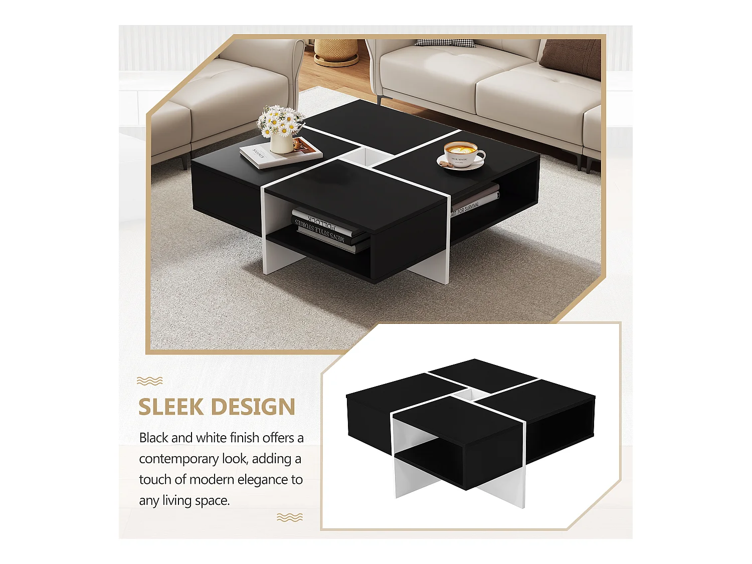 Table basse carrée avec 5 compartiments  - 70 x 70 x 35 cm - panneaux de particules - noir