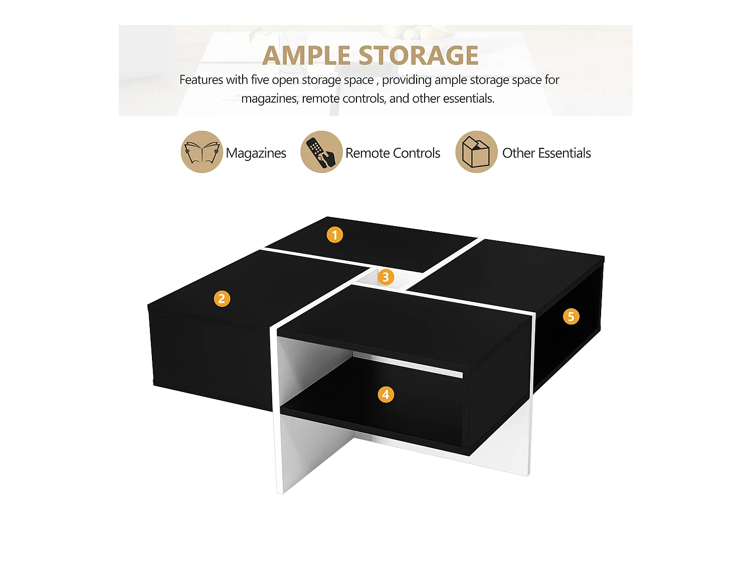 Table basse carrée avec 5 compartiments  - 70 x 70 x 35 cm - panneaux de particules - noir