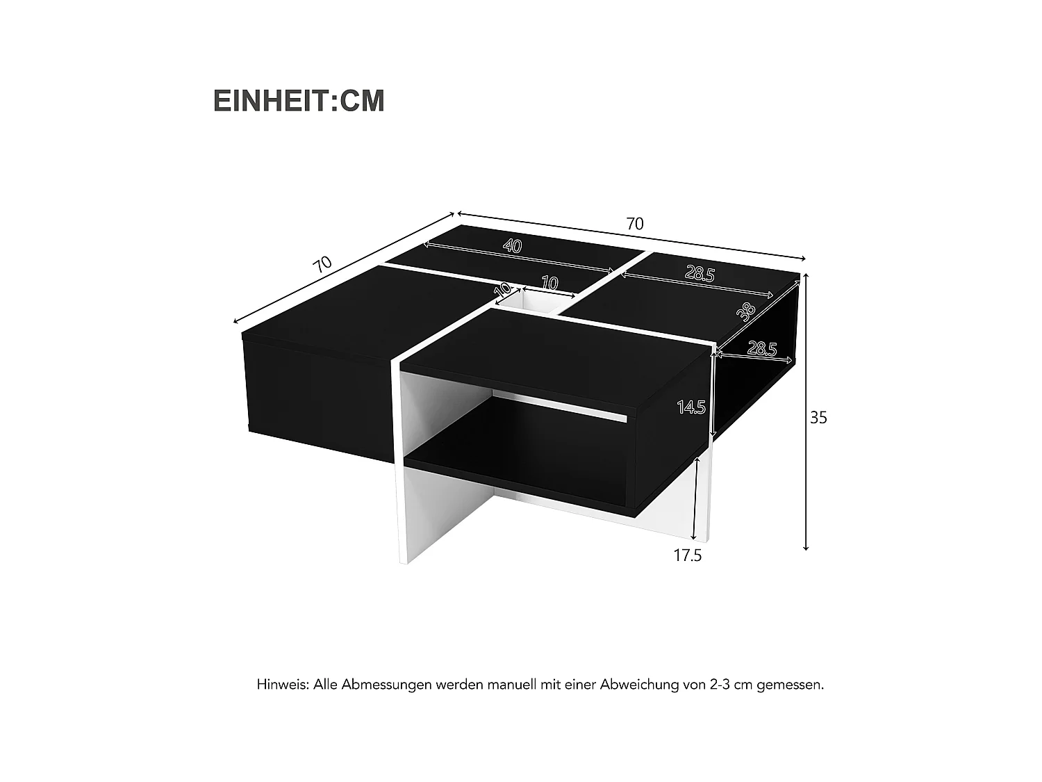 Table basse carrée avec 5 compartiments  - 70 x 70 x 35 cm - panneaux de particules - noir