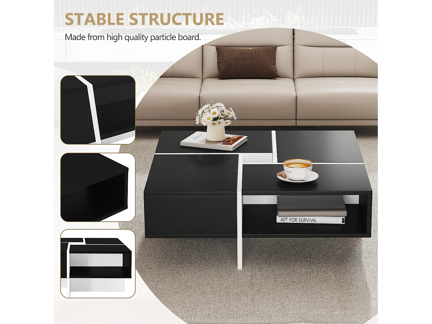 Table basse carrée avec 5 compartiments  - 70 x 70 x 35 cm - panneaux de particules - noir