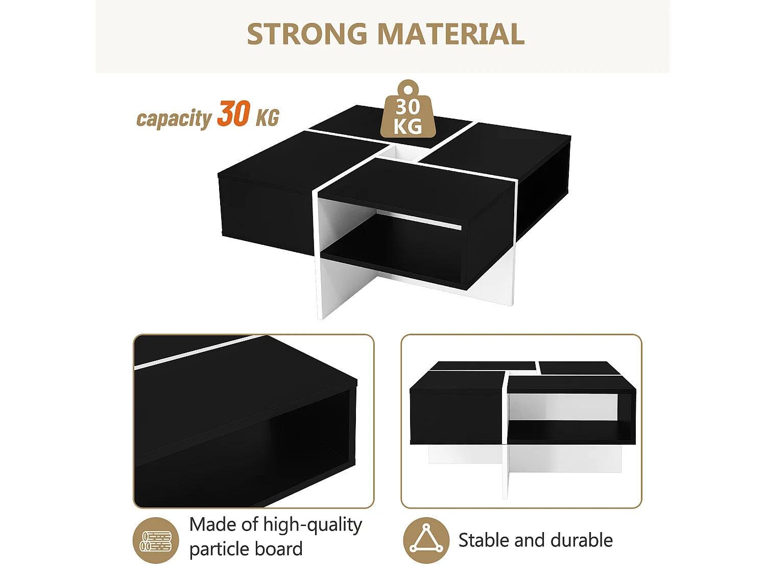Table basse carrée avec 5 compartiments  - 70 x 70 x 35 cm - panneaux de particules - noir