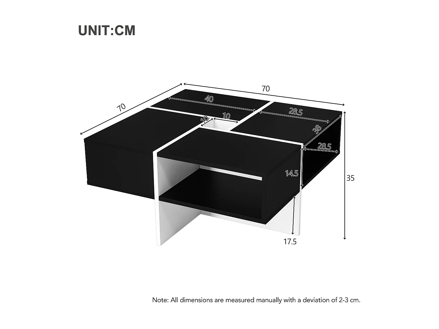 Table basse carrée avec 5 compartiments  - 70 x 70 x 35 cm - panneaux de particules - noir