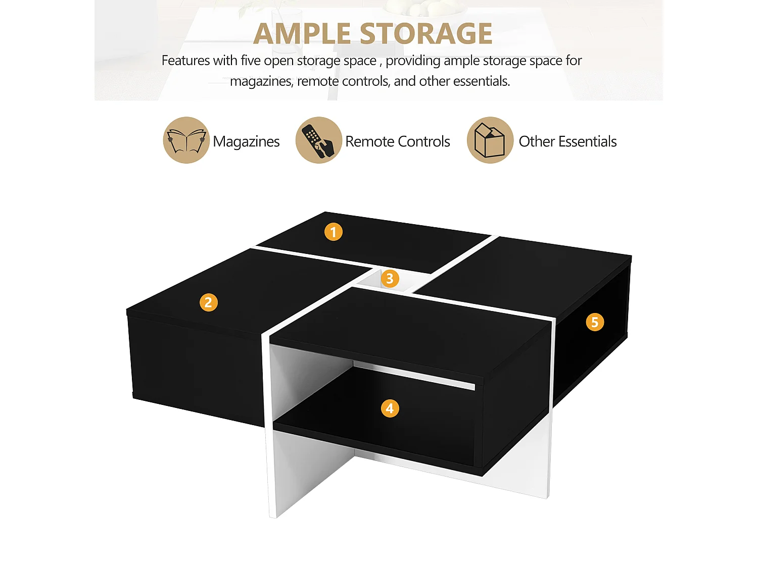 Table basse carrée avec 5 compartiments  - 70 x 70 x 35 cm - panneaux de particules - noir