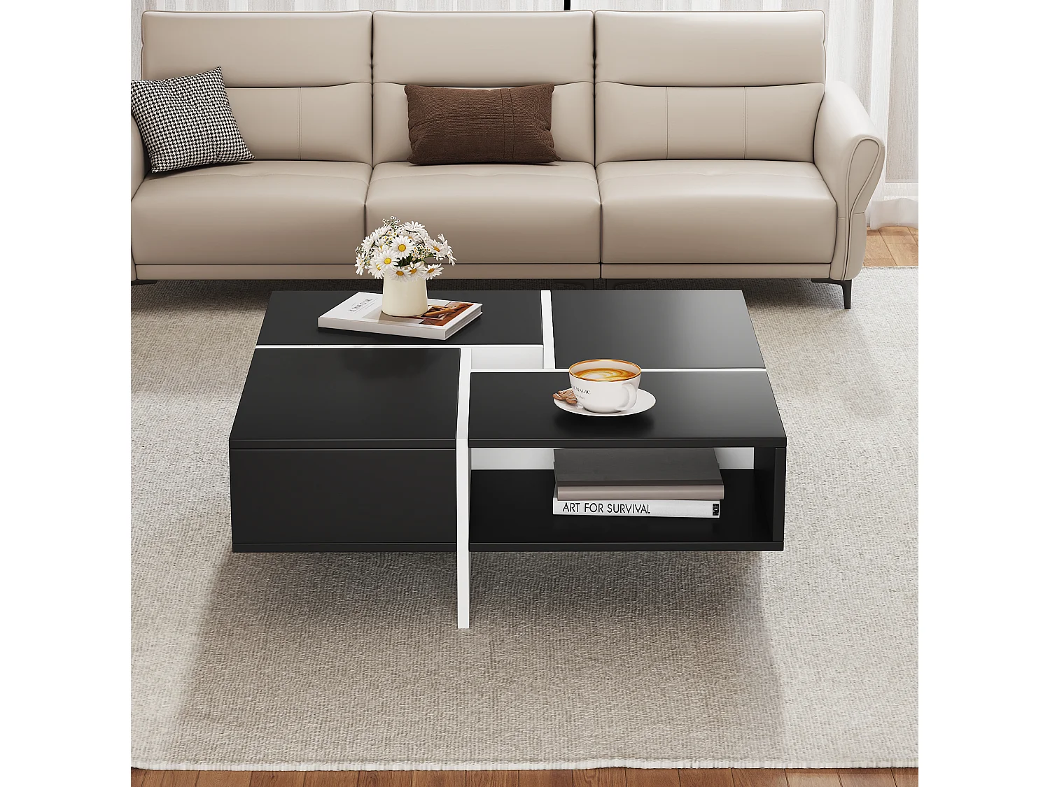 Table basse carrée avec 5 compartiments  - 70 x 70 x 35 cm - panneaux de particules - noir