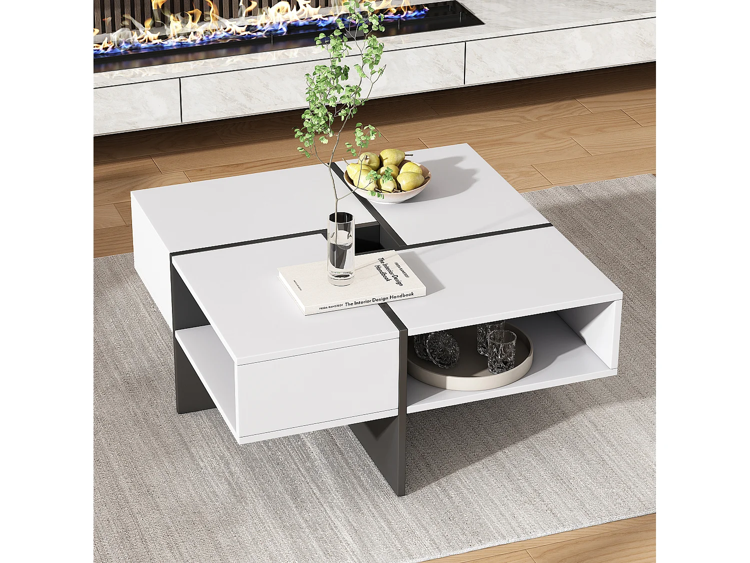 Mesa de centro cuadrada con 5 compartimentos - 70 x 70 x 35 cm - tablero de partículas - blanco