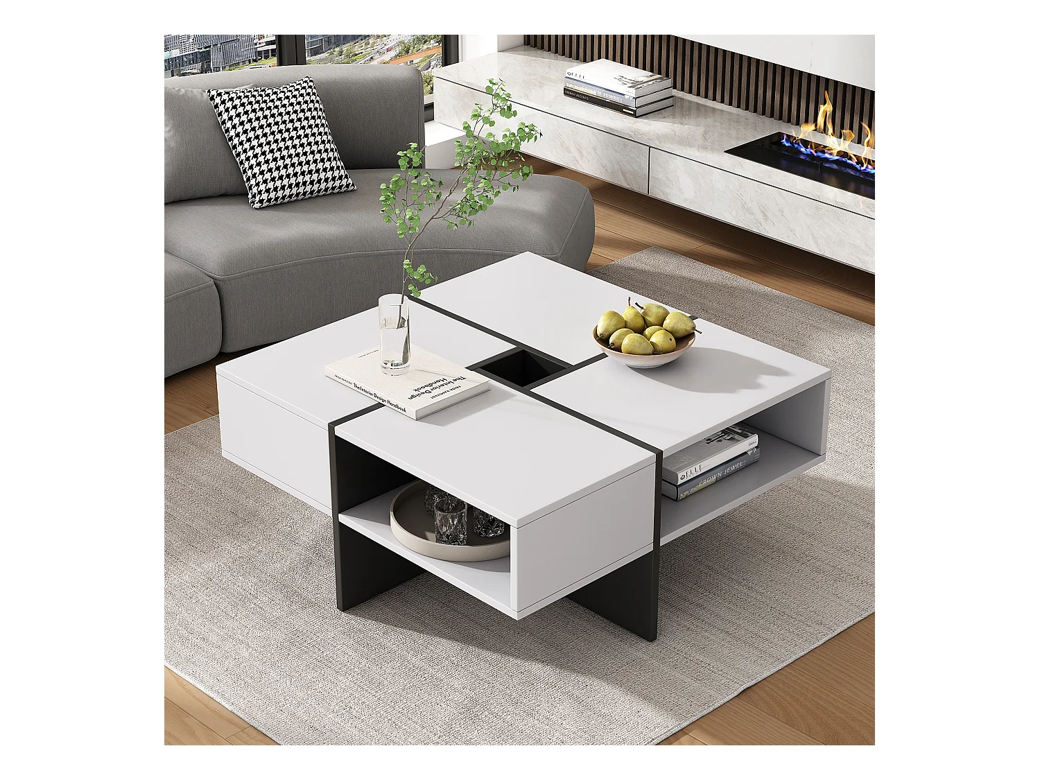 Table basse carrée avec 5 compartiments  - 70 x 70 x 35 cm - panneaux de particules - blanc