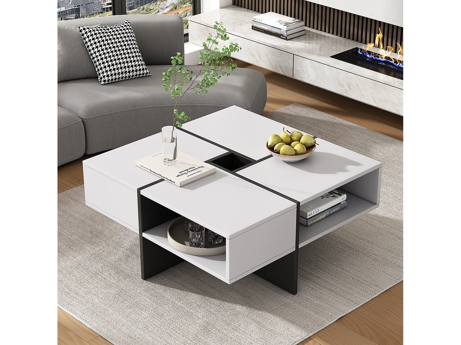 Mesa de centro cuadrada con 5 compartimentos - 70 x 70 x 35 cm - tablero de partículas - blanco