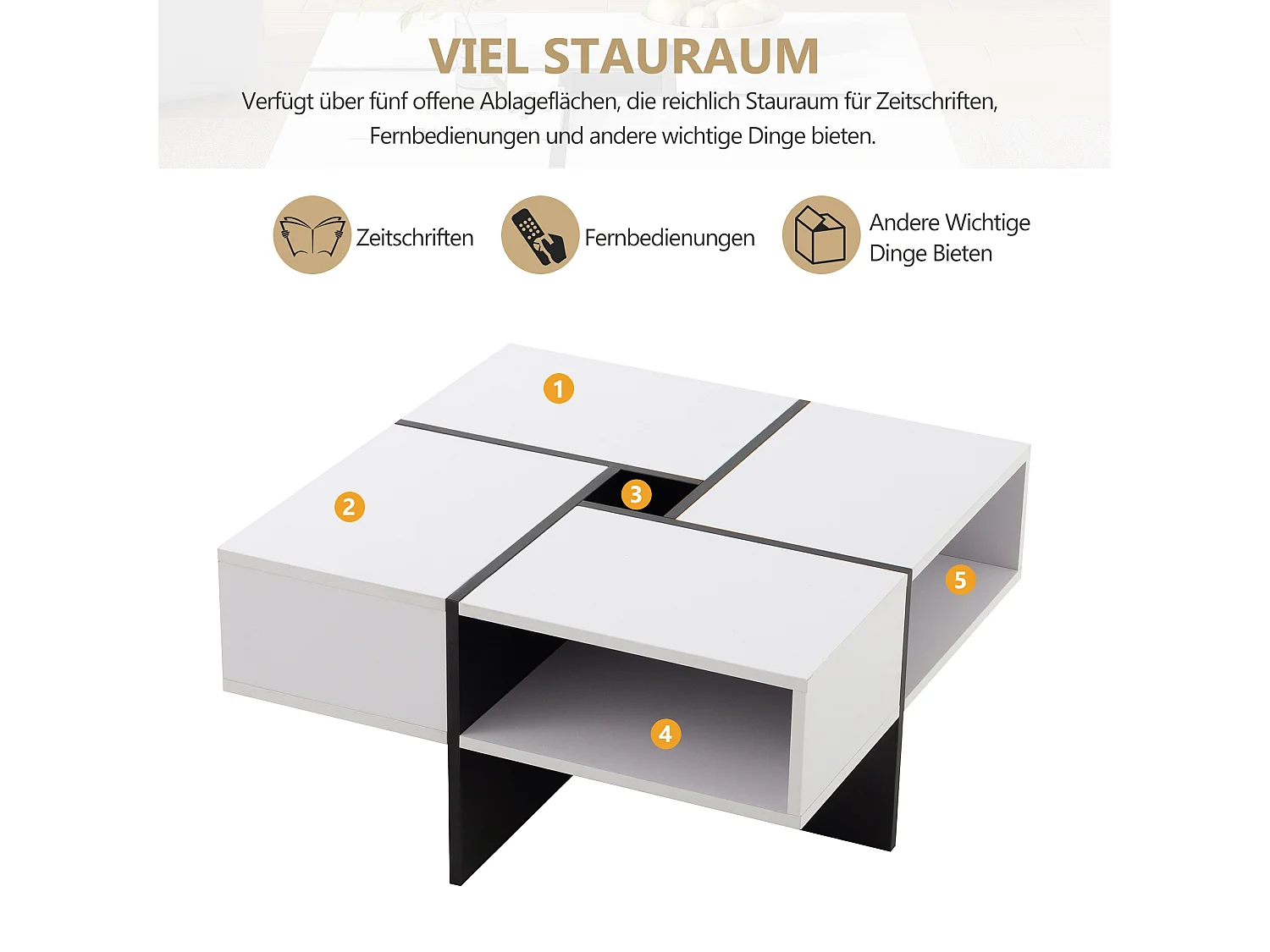 Mesa de centro cuadrada con 5 compartimentos - 70 x 70 x 35 cm - tablero de partículas - blanco