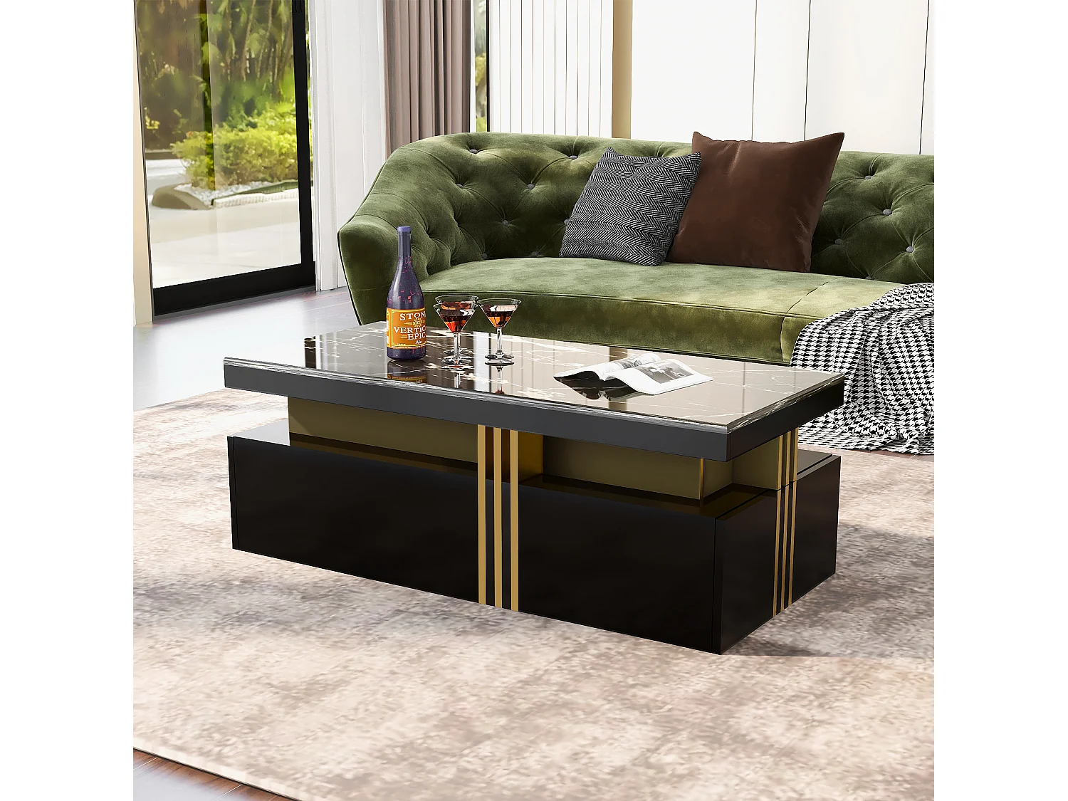 Table basse rectangulaire moderne avec plateau brillant avec 2 tiroirs en bois, plateau marbré, pour salon, 100x50x40 cm, noir