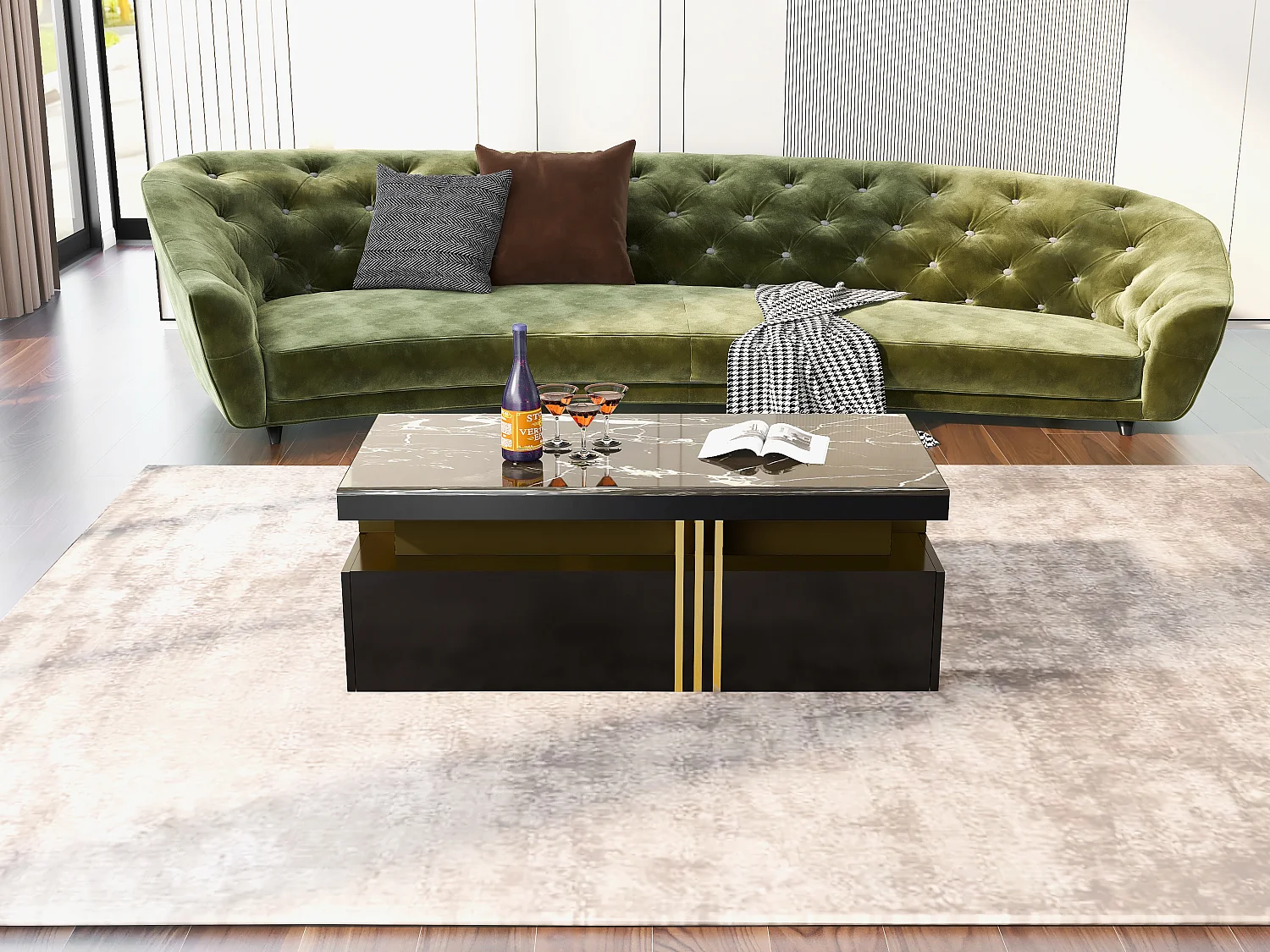 Table basse rectangulaire moderne avec plateau brillant avec 2 tiroirs en bois, plateau marbré, pour salon, 100x50x40 cm, noir