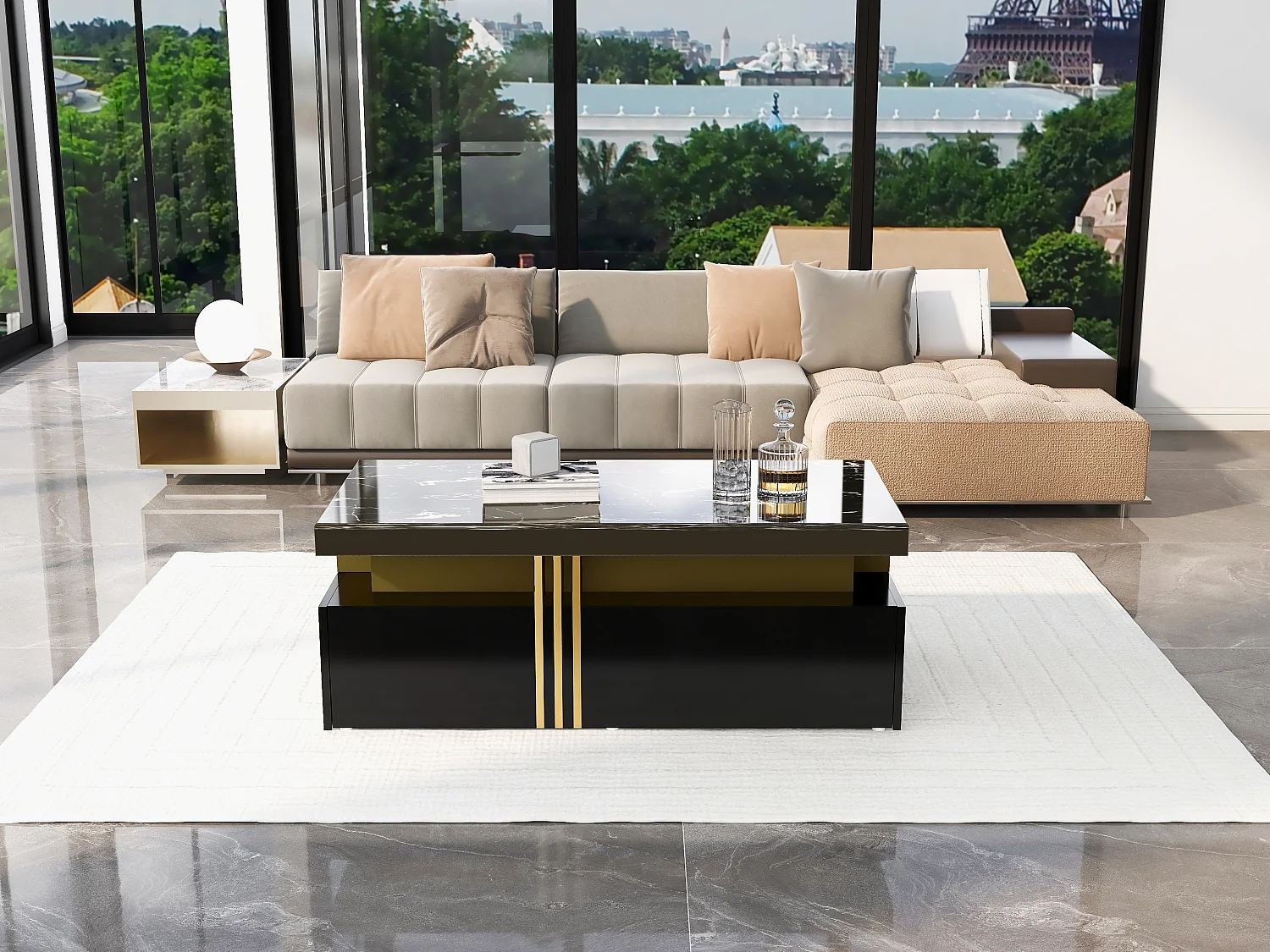 Table basse rectangulaire moderne avec plateau brillant avec 2 tiroirs en bois, plateau marbré, pour salon, 100x50x40 cm, noir