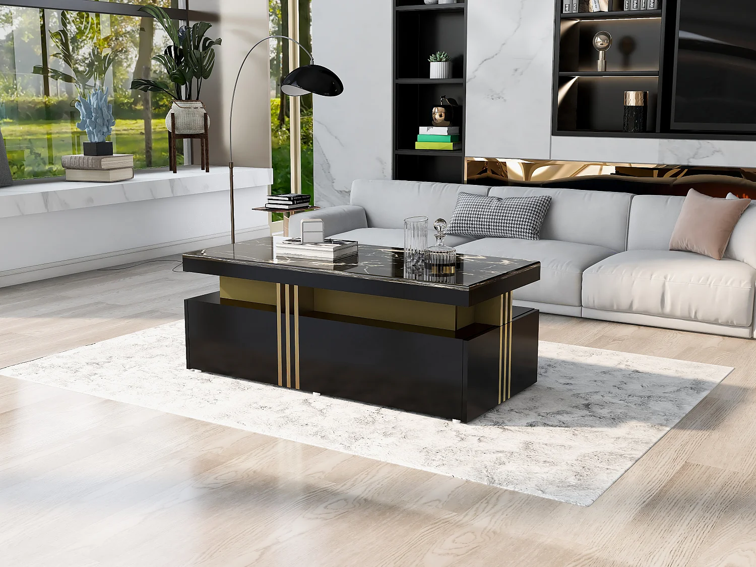 Table basse rectangulaire moderne avec plateau brillant avec 2 tiroirs en bois, plateau marbré, pour salon, 100x50x40 cm, noir