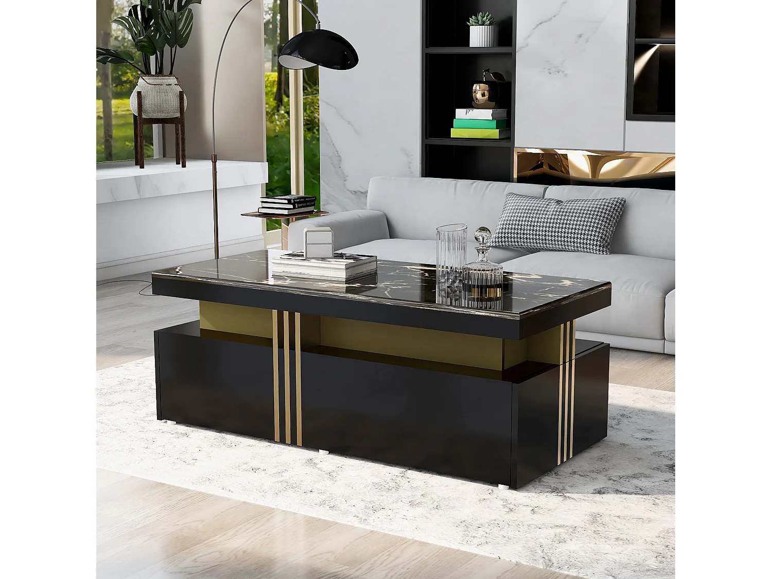 Table basse rectangulaire moderne avec plateau brillant avec 2 tiroirs en bois, plateau marbré, pour salon, 100x50x40 cm, noir