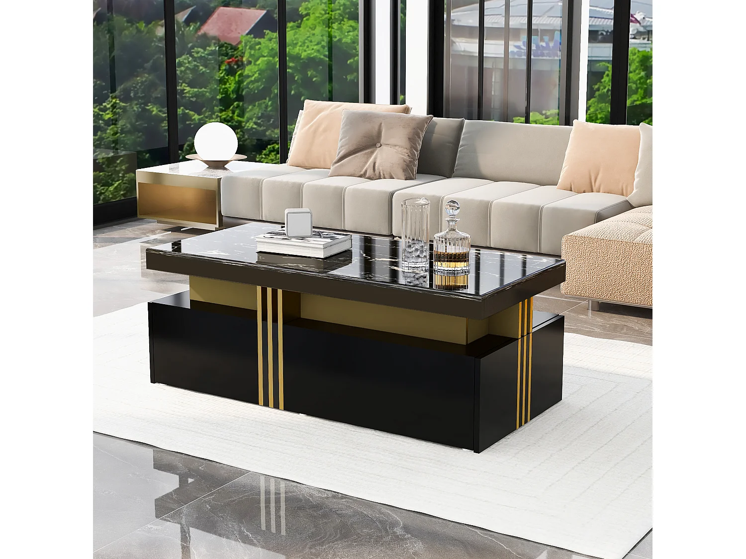 Table basse rectangulaire moderne avec plateau brillant avec 2 tiroirs en bois, plateau marbré, pour salon, 100x50x40 cm, noir