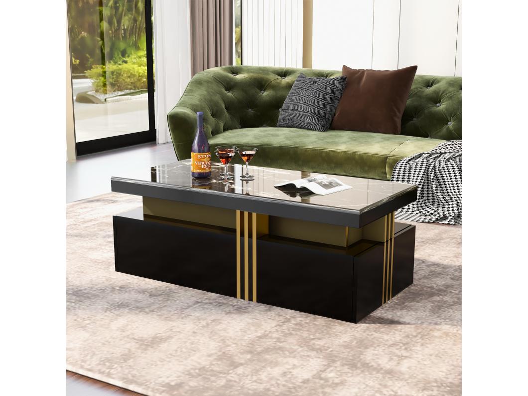 Moderne rechthoekige salontafel met glanzend blad en 2 houten lades, gemarmerd blad, voor woonkamer, 100x50x40 cm, zwart