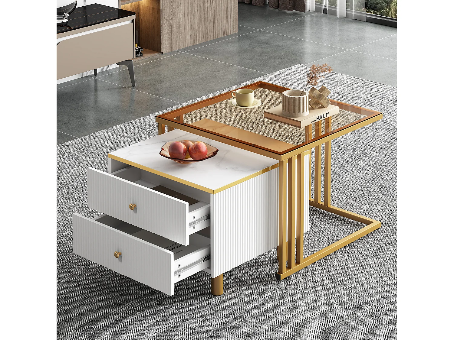 Lot de 2 tables basses gigognes carrées avec 2 tiroirs - 59,5x60x45,6cm + 50x50x40cm - Motif à marbre - Bois MDF et métal - Blanc + or