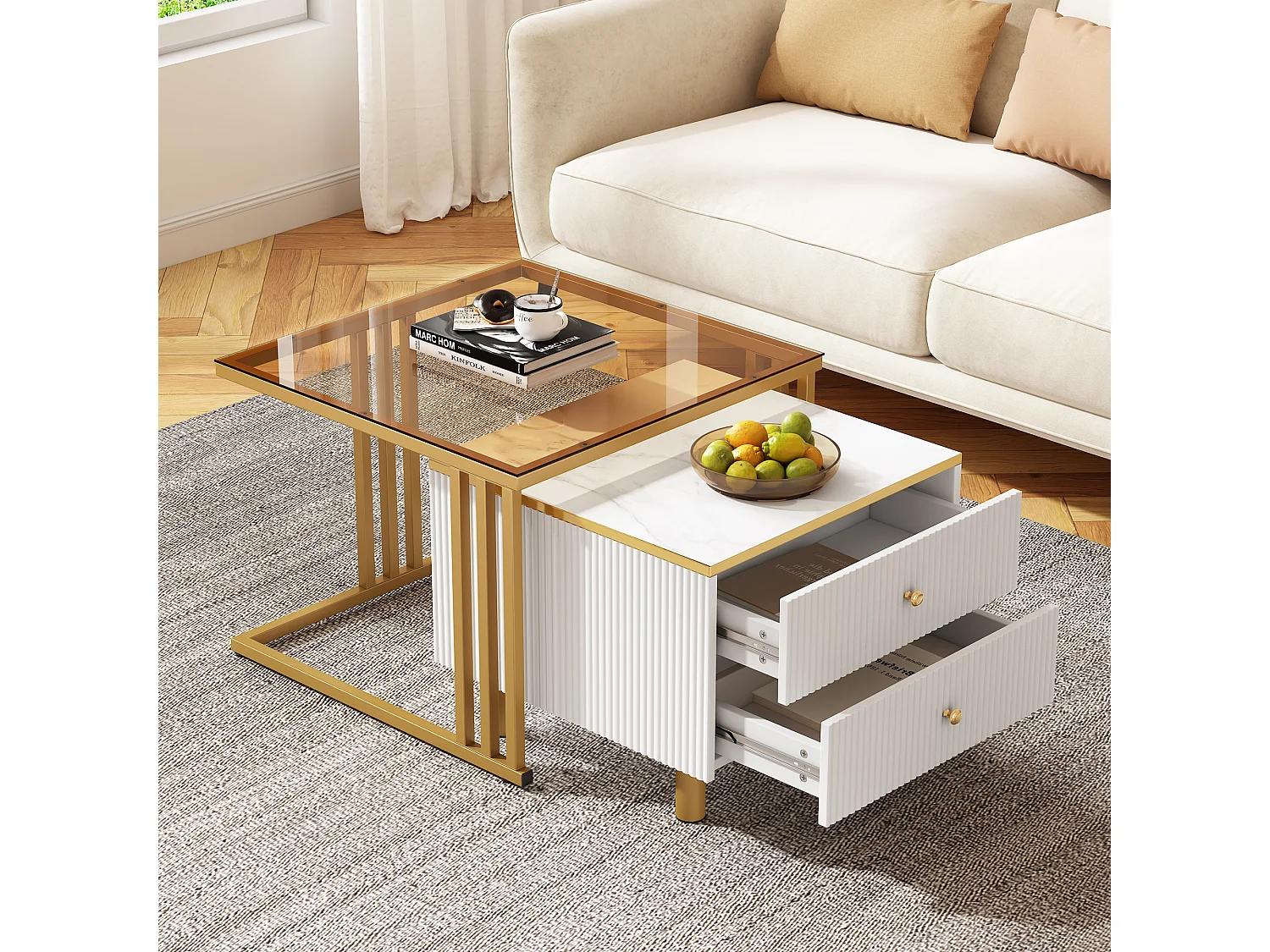 Lot de 2 tables basses gigognes carrées avec 2 tiroirs - 59,5x60x45,6cm + 50x50x40cm - Motif à marbre - Bois MDF et métal - Blanc + or