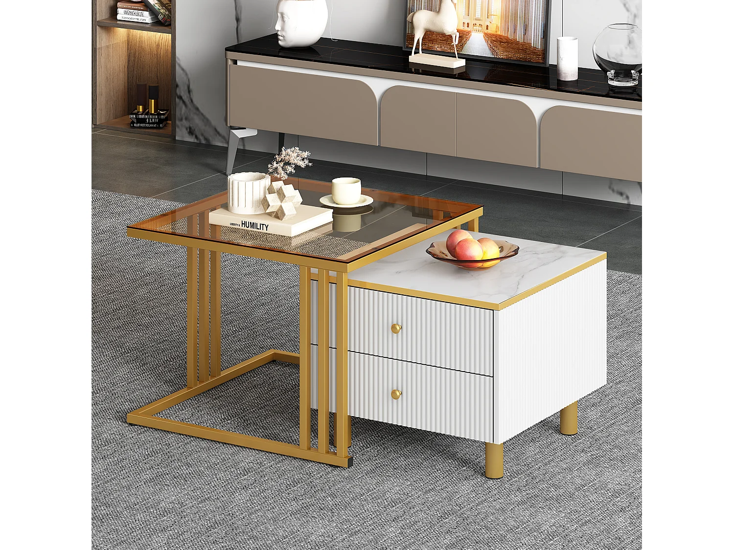 Lot de 2 tables basses gigognes carrées avec 2 tiroirs - 59,5x60x45,6cm + 50x50x40cm - Motif à marbre - Bois MDF et métal - Blanc + or