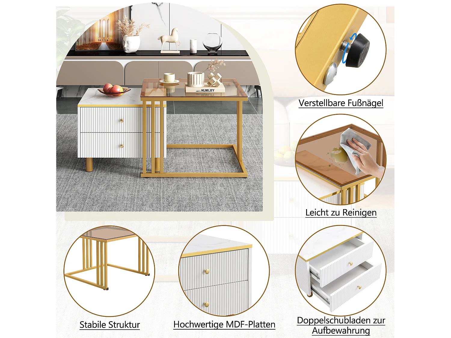 Lot de 2 tables basses gigognes carrées avec 2 tiroirs - 59,5x60x45,6cm + 50x50x40cm - Motif à marbre - Bois MDF et métal - Blanc + or