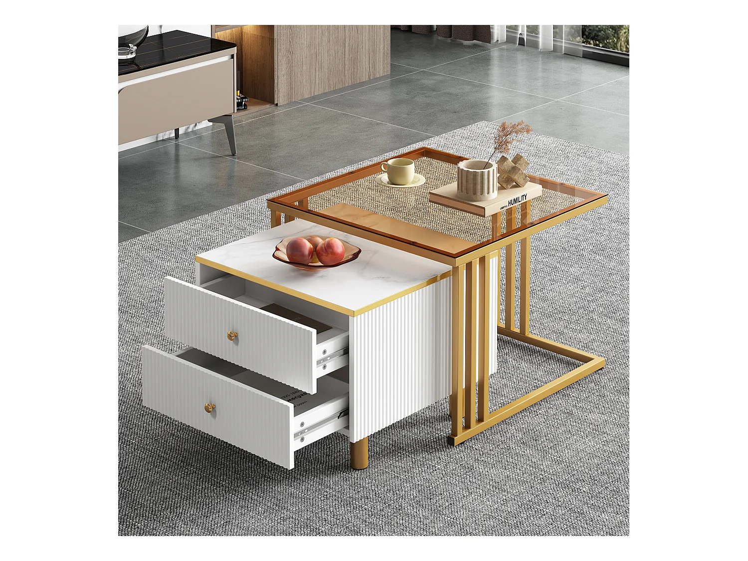 Juego de 2 mesas de centro nido cuadradas con 2 cajones - 59,5x60x45,6cm + 50x50x40cm - Motivo mármol - Madera MDF y metal - Blanco + dorado