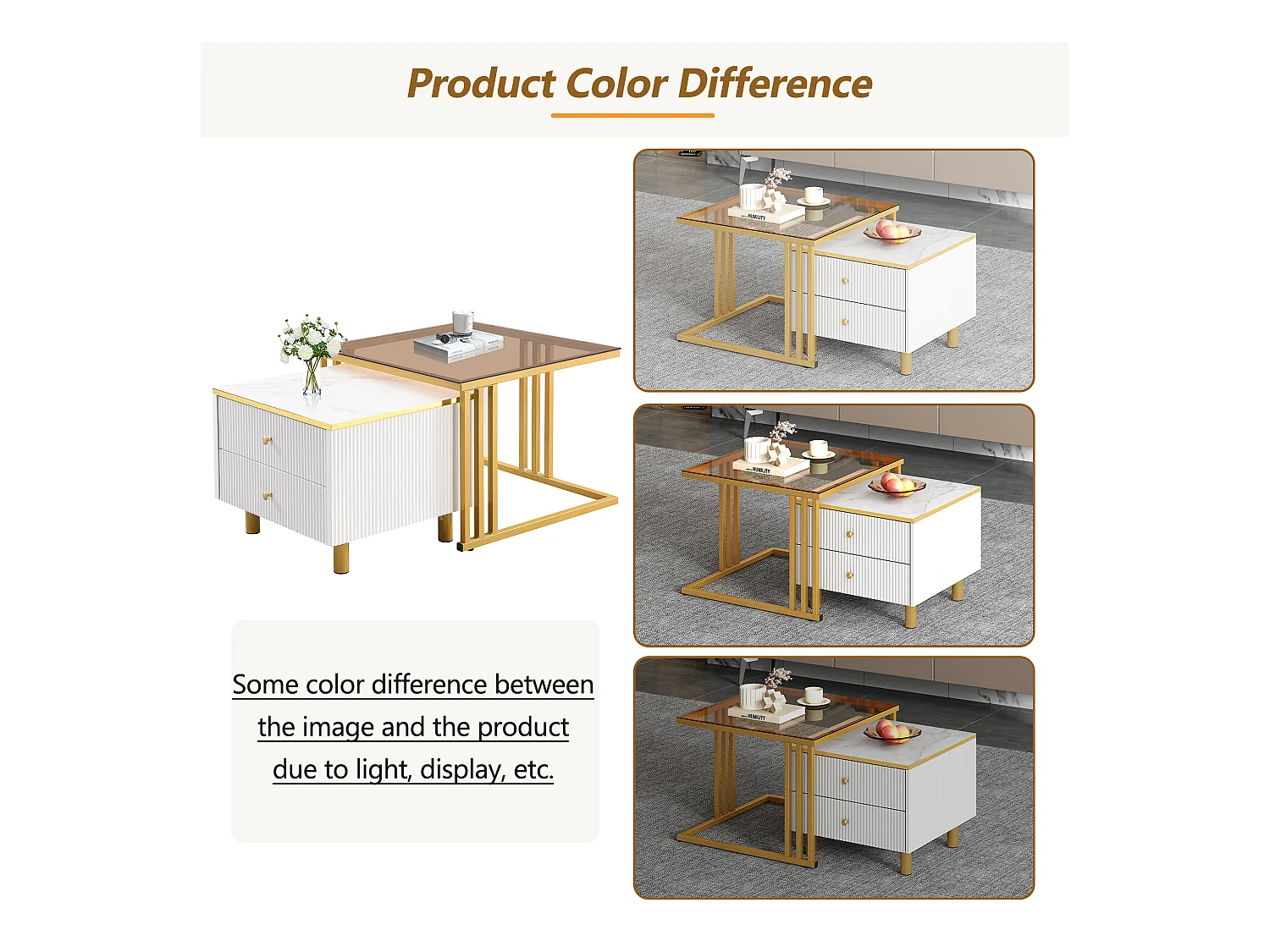 Juego de 2 mesas de centro nido cuadradas con 2 cajones - 59,5x60x45,6cm + 50x50x40cm - Motivo mármol - Madera MDF y metal - Blanco + dorado
