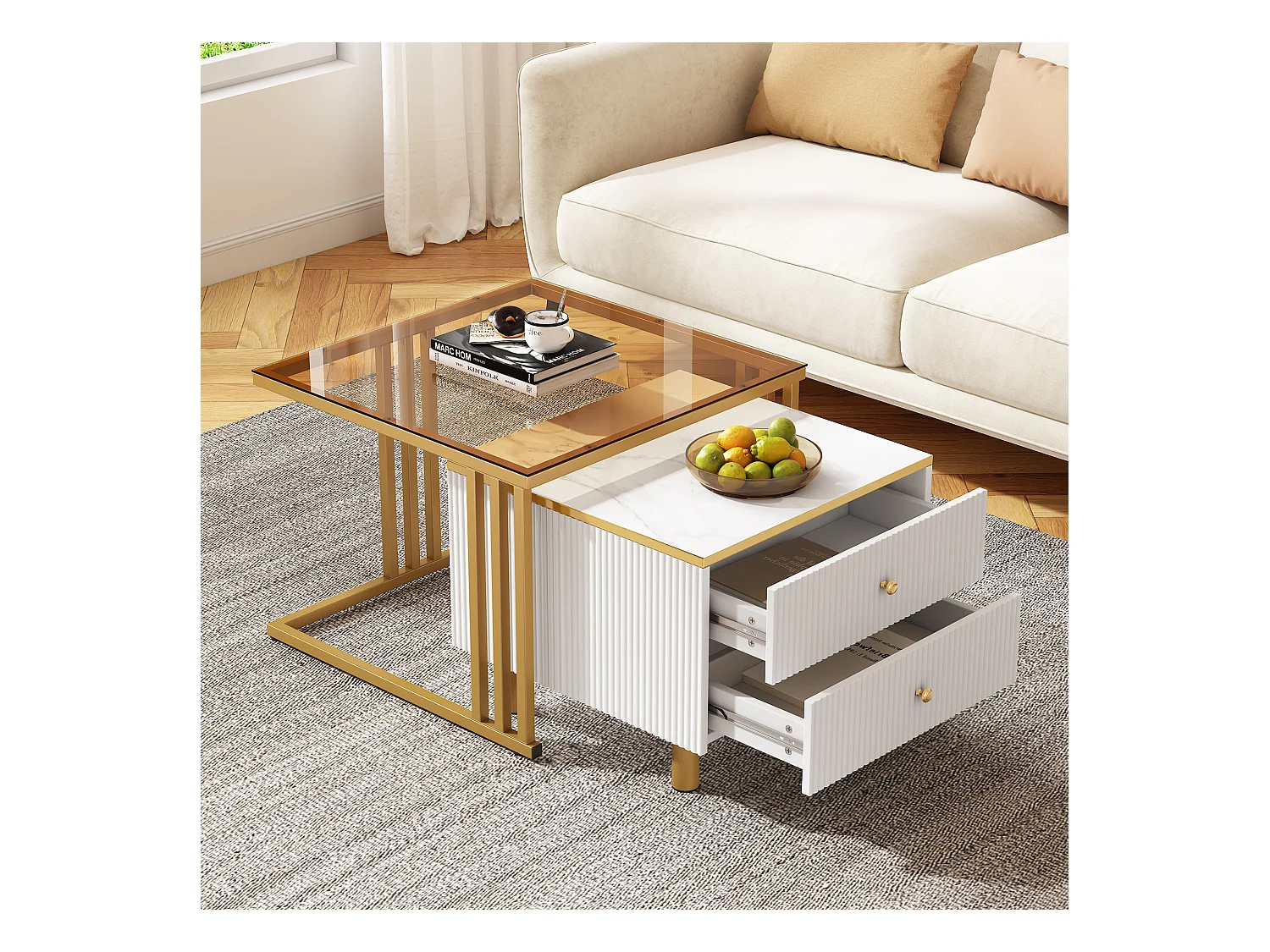 Juego de 2 mesas de centro nido cuadradas con 2 cajones - 59,5x60x45,6cm + 50x50x40cm - Motivo mármol - Madera MDF y metal - Blanco + dorado