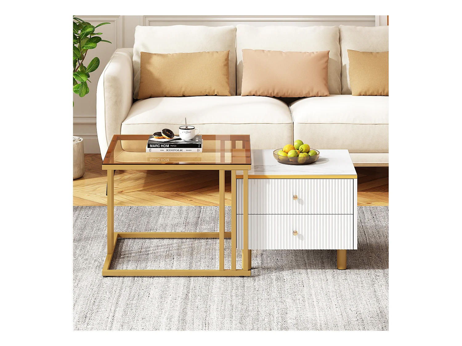 Juego de 2 mesas de centro nido cuadradas con 2 cajones - 59,5x60x45,6cm + 50x50x40cm - Motivo mármol - Madera MDF y metal - Blanco + dorado