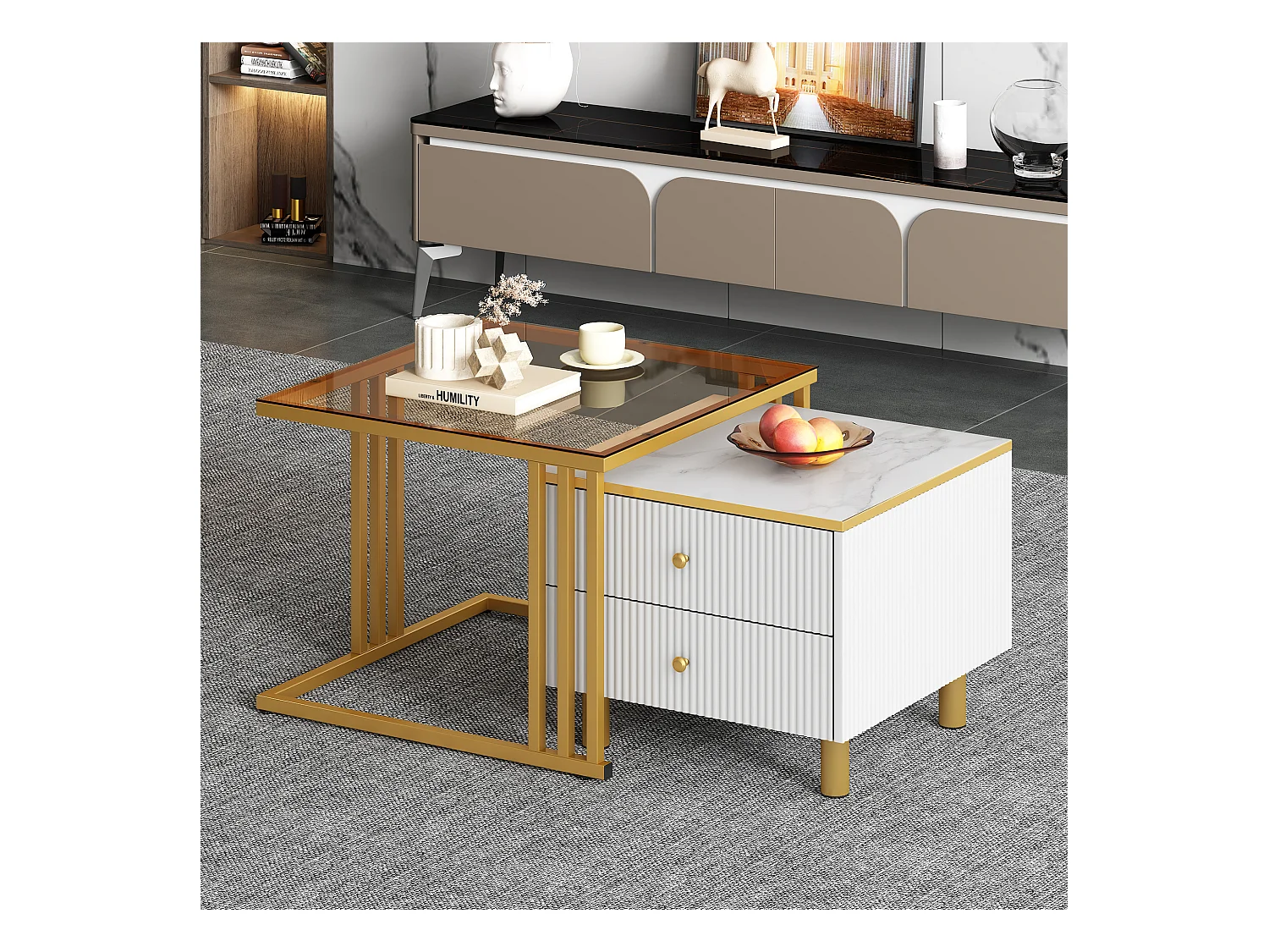 Juego de 2 mesas de centro nido cuadradas con 2 cajones - 59,5x60x45,6cm + 50x50x40cm - Motivo mármol - Madera MDF y metal - Blanco + dorado