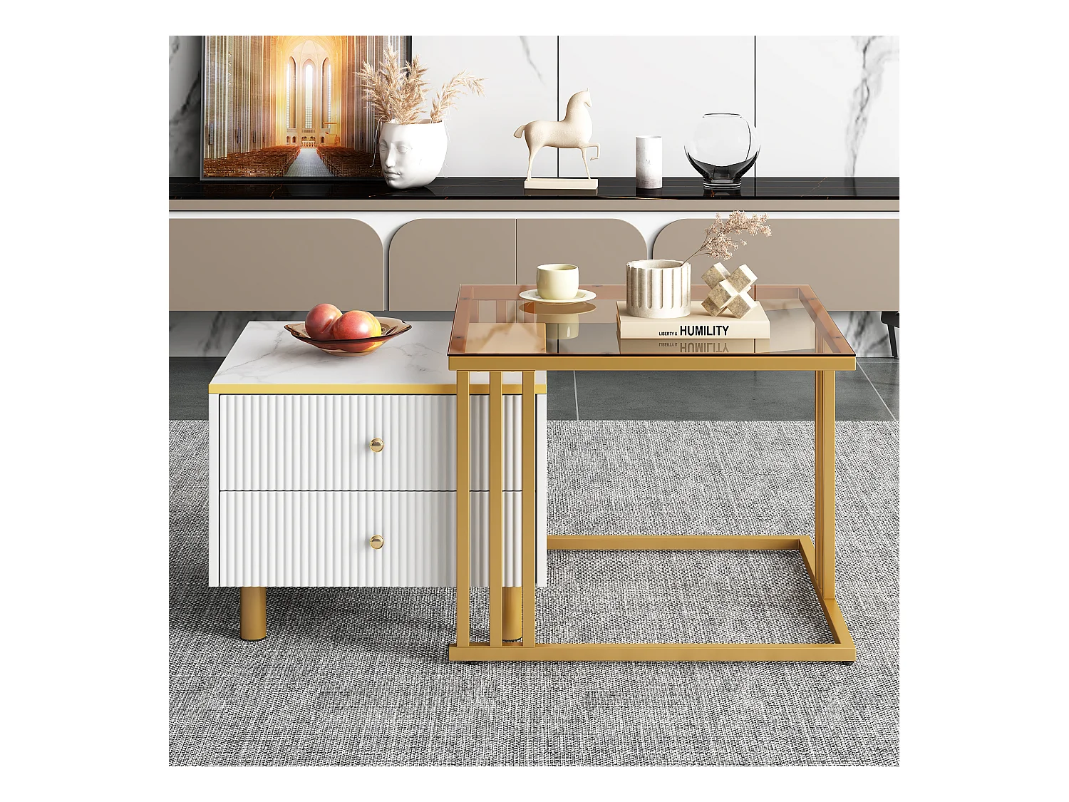 Juego de 2 mesas de centro nido cuadradas con 2 cajones - 59,5x60x45,6cm + 50x50x40cm - Motivo mármol - Madera MDF y metal - Blanco + dorado