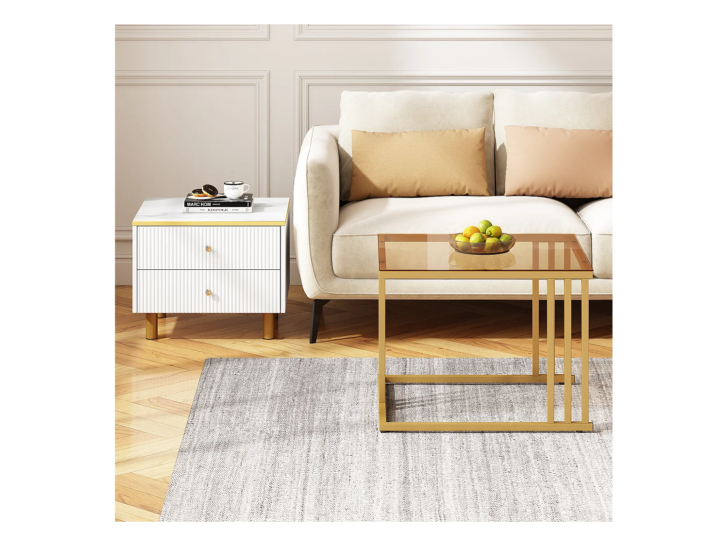 Juego de 2 mesas de centro nido cuadradas con 2 cajones - 59,5x60x45,6cm + 50x50x40cm - Motivo mármol - Madera MDF y metal - Blanco + dorado