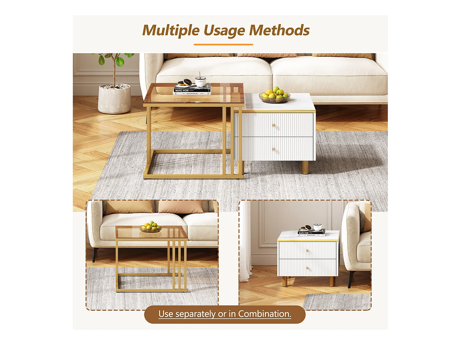 Juego de 2 mesas de centro nido cuadradas con 2 cajones - 59,5x60x45,6cm + 50x50x40cm - Motivo mármol - Madera MDF y metal - Blanco + dorado