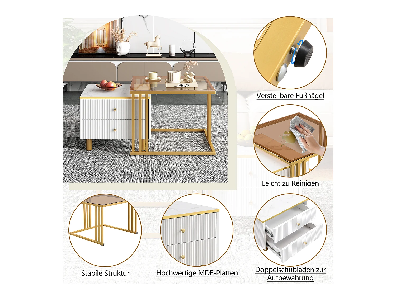 Juego de 2 mesas de centro nido cuadradas con 2 cajones - 59,5x60x45,6cm + 50x50x40cm - Motivo mármol - Madera MDF y metal - Blanco + dorado
