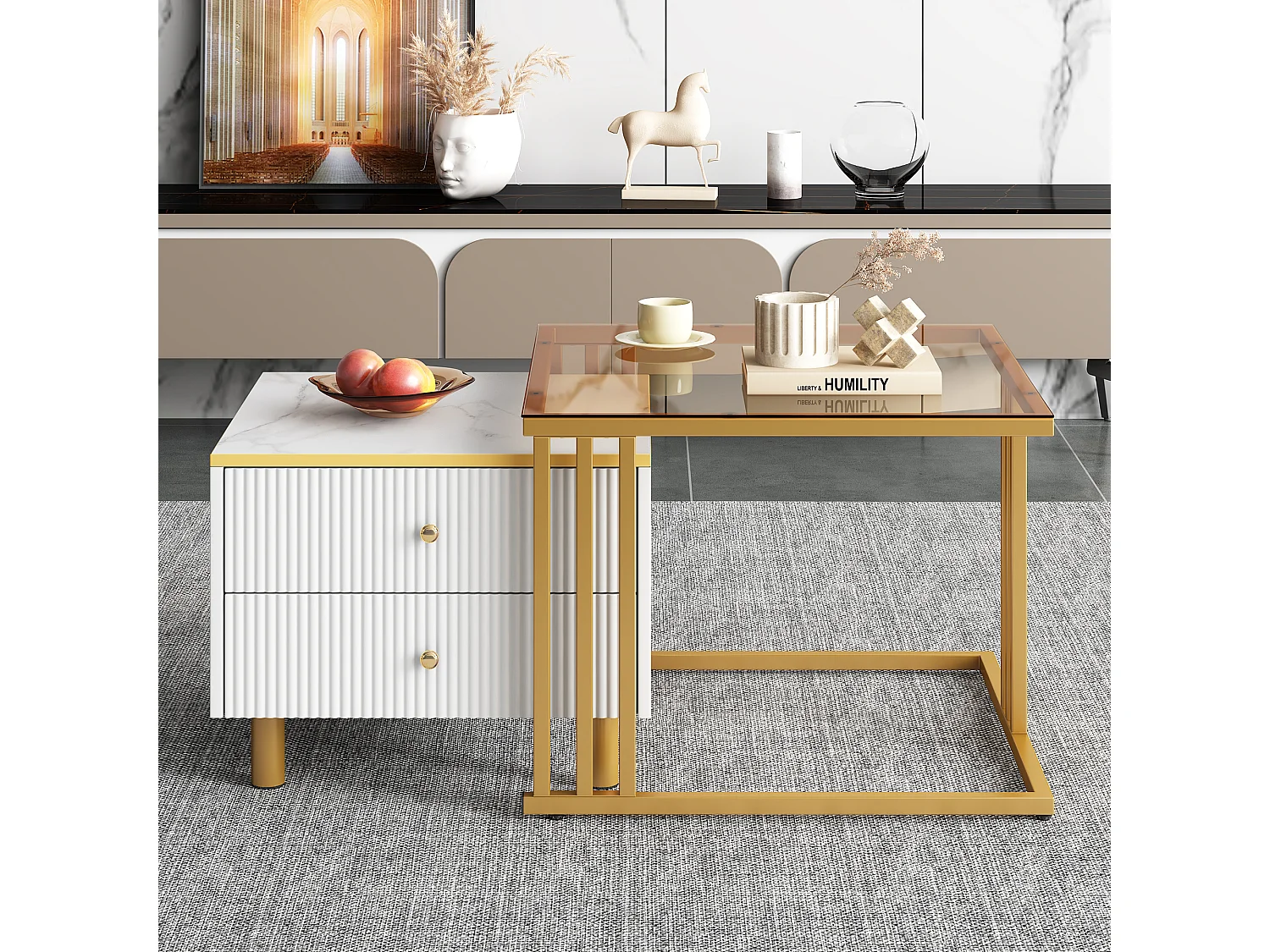 Juego de 2 mesas de centro nido cuadradas con 2 cajones - 59,5x60x45,6cm + 50x50x40cm - Motivo mármol - Madera MDF y metal - Blanco + dorado