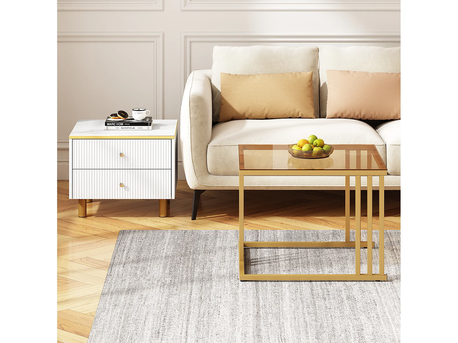 Juego de 2 mesas de centro nido cuadradas con 2 cajones - 59,5x60x45,6cm + 50x50x40cm - Motivo mármol - Madera MDF y metal - Blanco + dorado