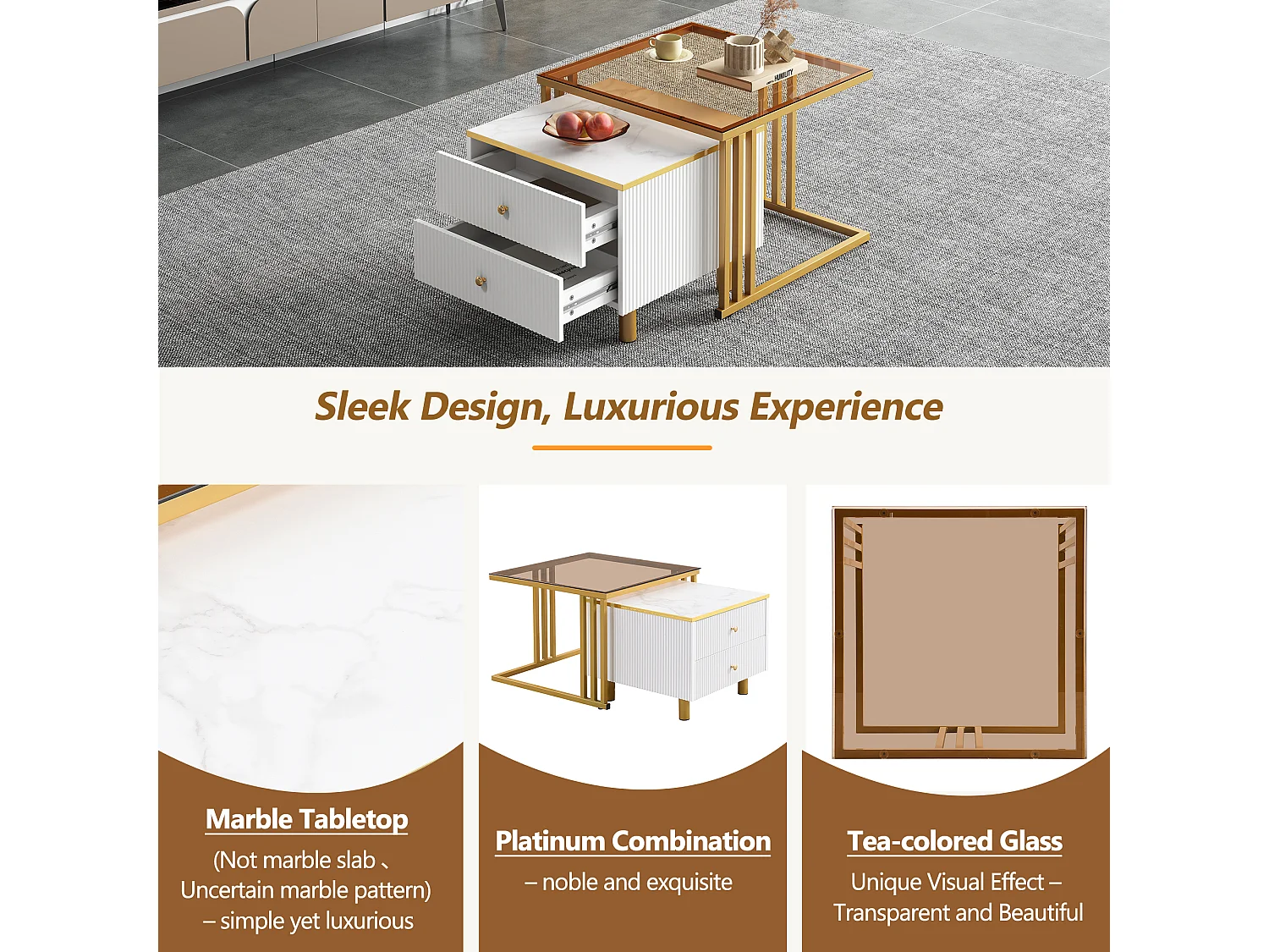 Juego de 2 mesas de centro nido cuadradas con 2 cajones - 59,5x60x45,6cm + 50x50x40cm - Motivo mármol - Madera MDF y metal - Blanco + dorado