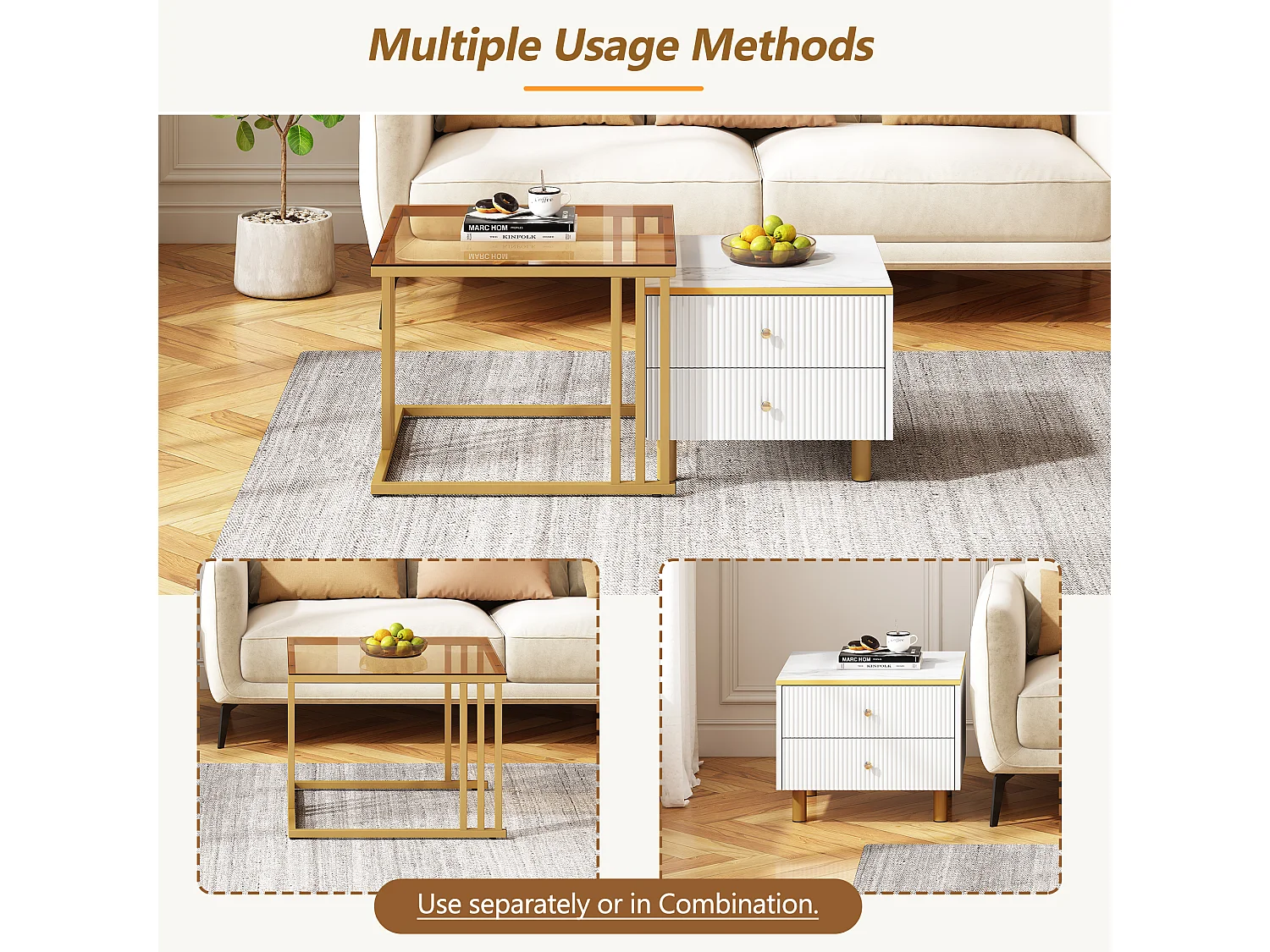 Juego de 2 mesas de centro nido cuadradas con 2 cajones - 59,5x60x45,6cm + 50x50x40cm - Motivo mármol - Madera MDF y metal - Blanco + dorado