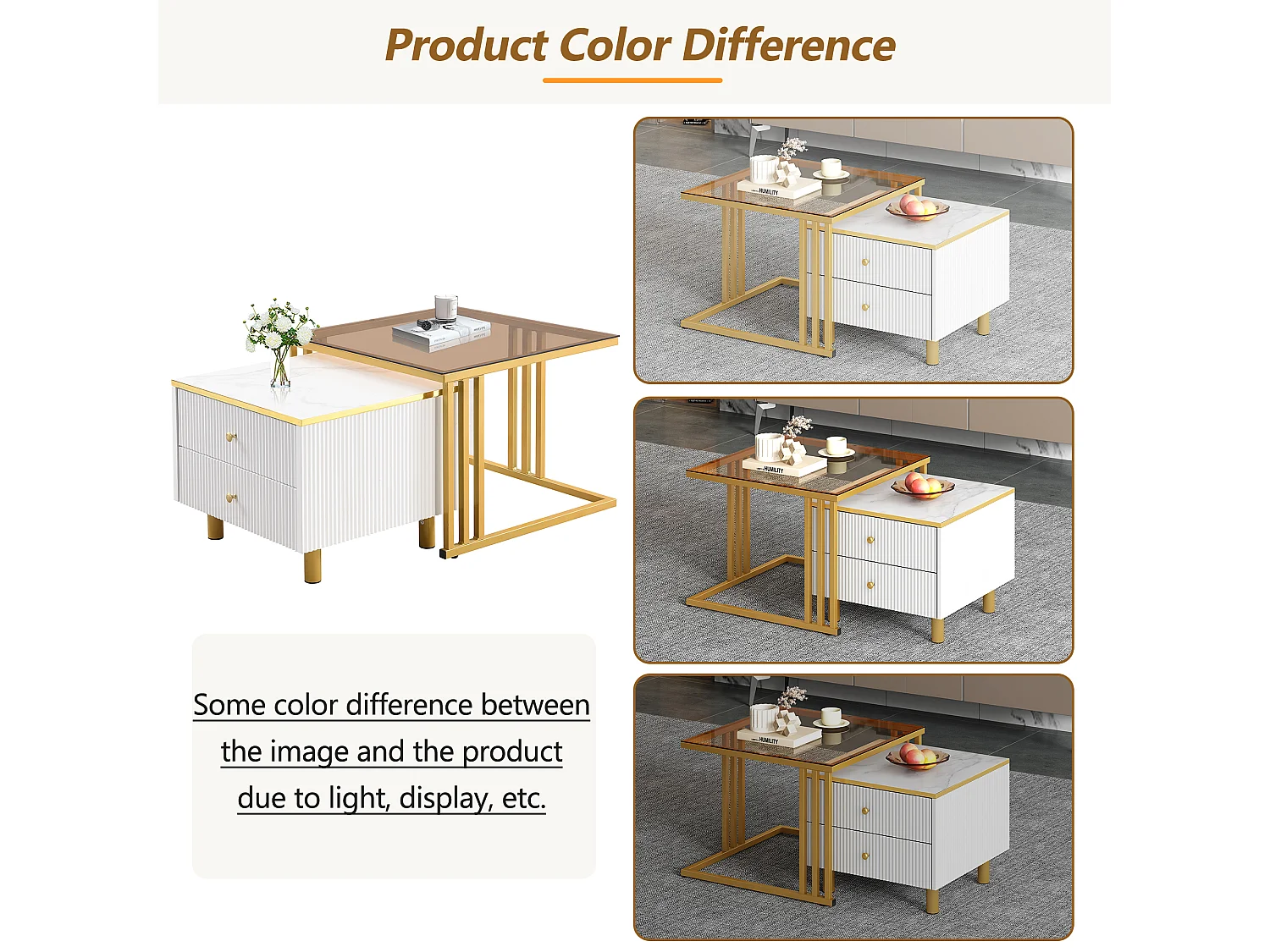 Juego de 2 mesas de centro nido cuadradas con 2 cajones - 59,5x60x45,6cm + 50x50x40cm - Motivo mármol - Madera MDF y metal - Blanco + dorado