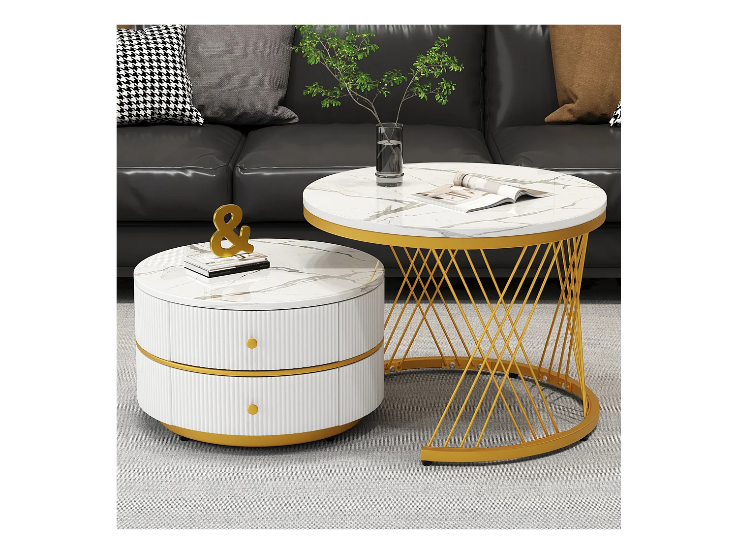 Lot de 2 tables basses gigognes rondes avec 2 tiroirs - 60x60x46cm + 50x50x30.8cm - Motif à marbre - Bois MDF et métal - Blanc + or
