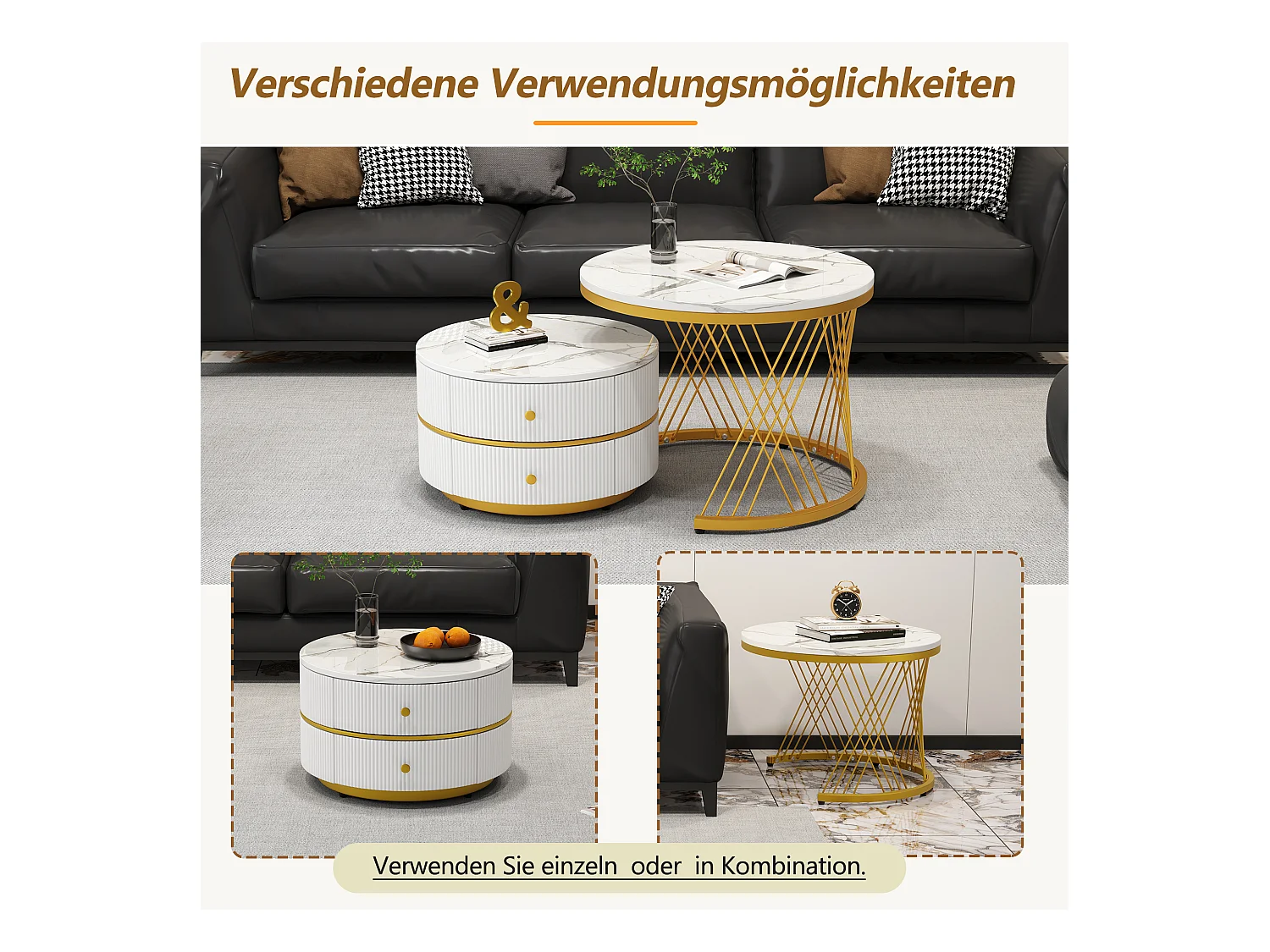 Set van 2 ronde in elkaar geschoven salontafels met 2 lades - 60x60x46cm + 50x50x30,8cm - Marmerpatroon - MDF hout en metaal - Wit + goud