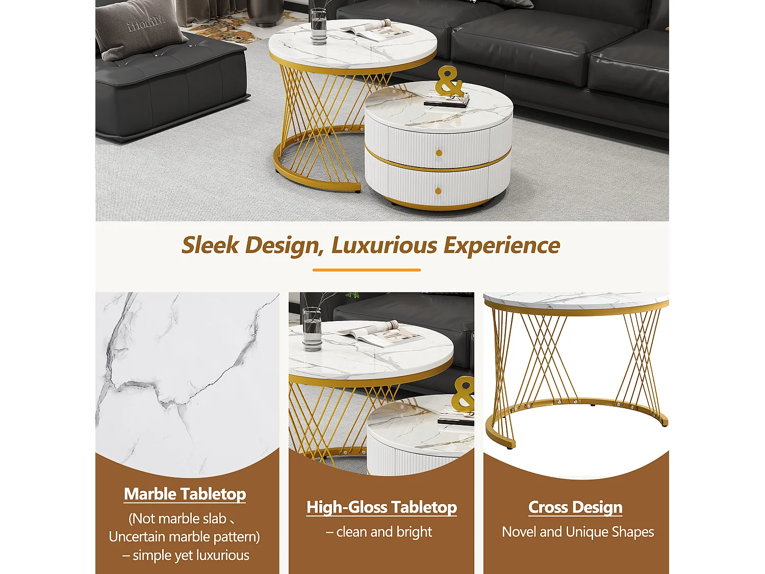 Set van 2 ronde in elkaar geschoven salontafels met 2 lades - 60x60x46cm + 50x50x30,8cm - Marmerpatroon - MDF hout en metaal - Wit + goud