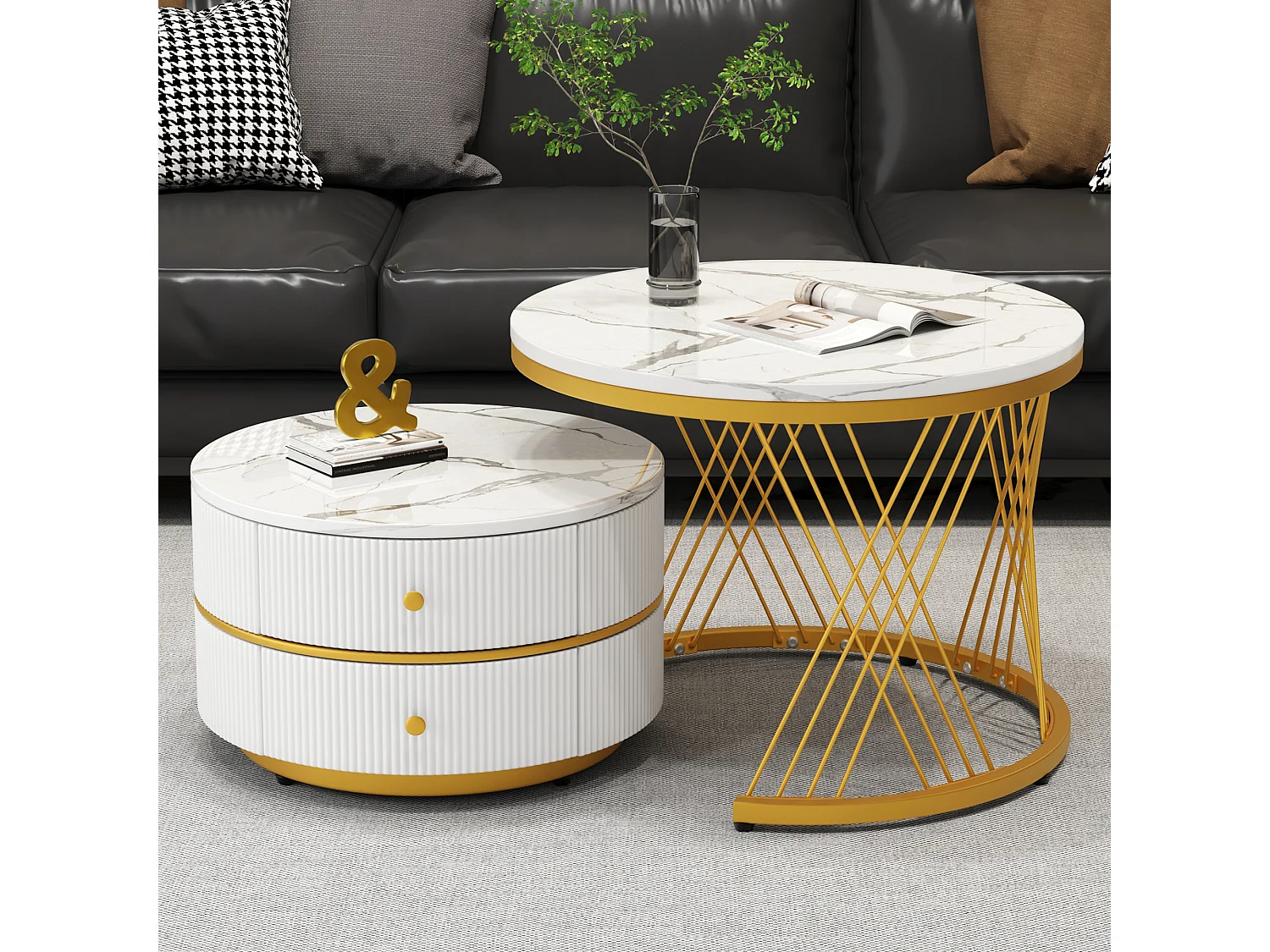 Set van 2 ronde in elkaar geschoven salontafels met 2 lades - 60x60x46cm + 50x50x30,8cm - Marmerpatroon - MDF hout en metaal - Wit + goud