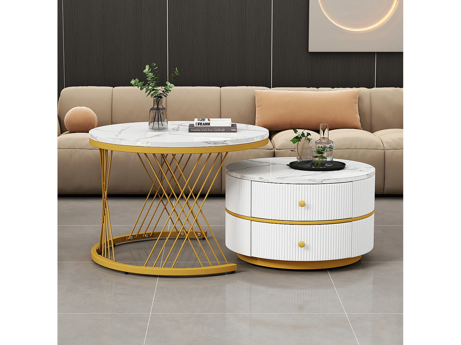 Set di 2 tavolini bassi impilabili rotondi con 2 cassetti - 60x60x46 cm + 50x50x30,8 cm - Motivo in marmo - Legno MDF e metallo - Bianco + oro