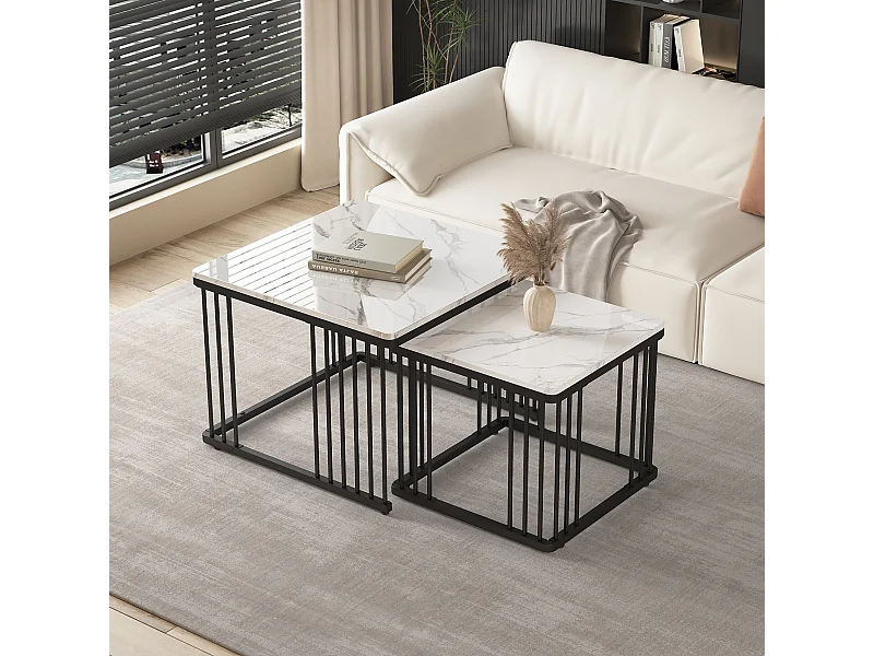 Zestaw 2 kwadratowych stolików kawowych - 60x60x45cm + 45x45x40cm - Wzór marmuru - MDF drewno i metal - Biały + czarny